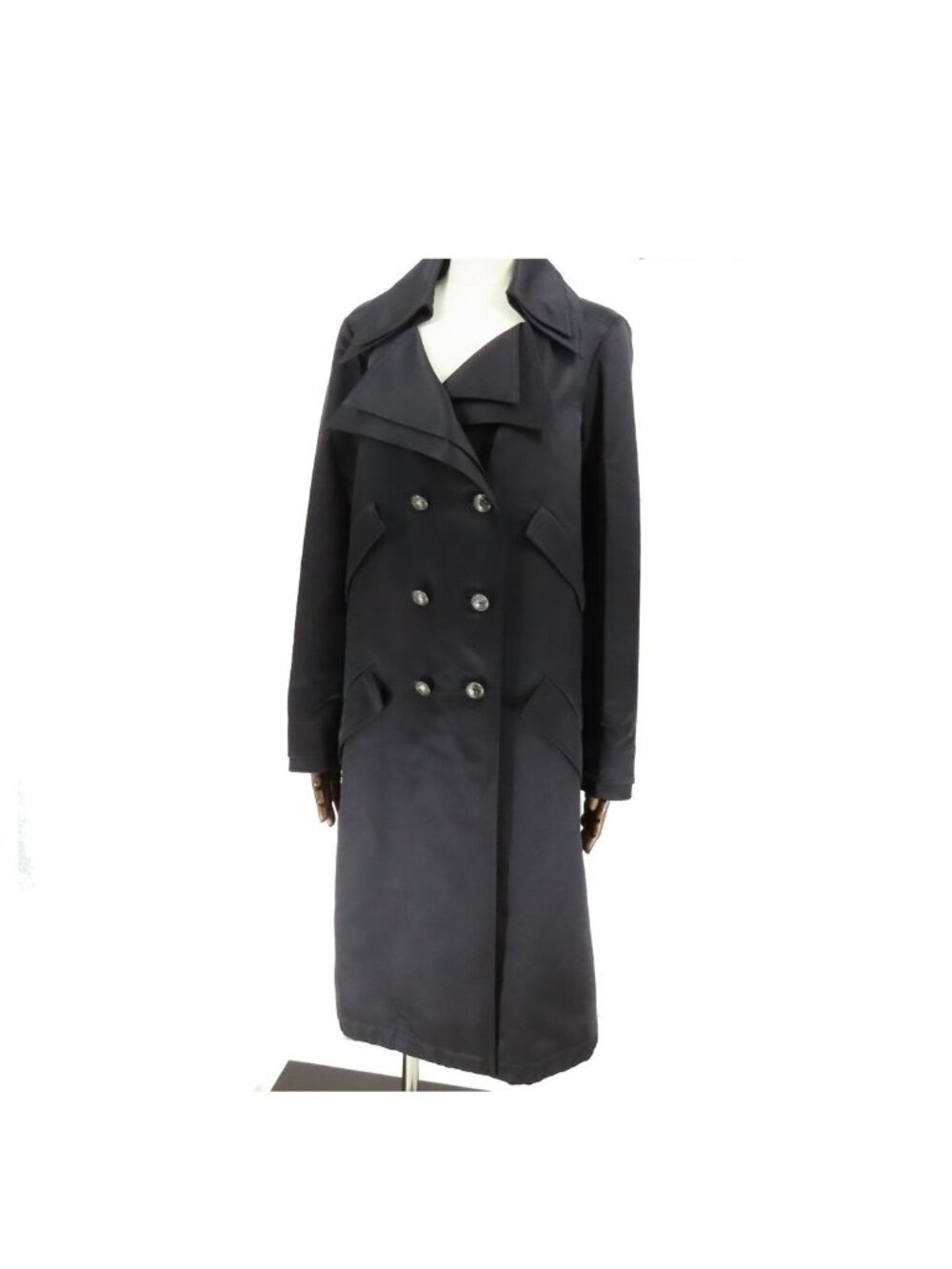 Chanel Trench Coat Black Silk Double 04C Coco Buttons Outer 38